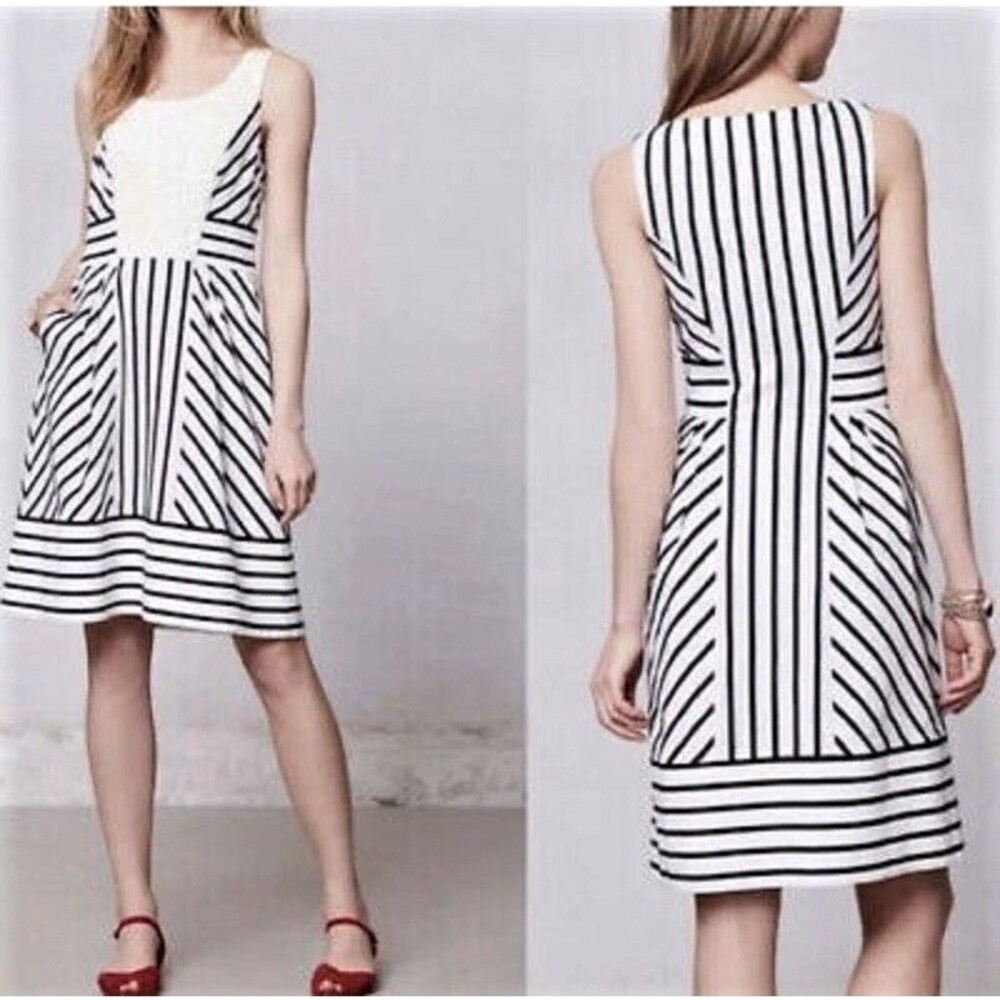 Anthropologie Maeve Chessia Striped Lace  Sleeveless Dress Size 0 Black & Ivory